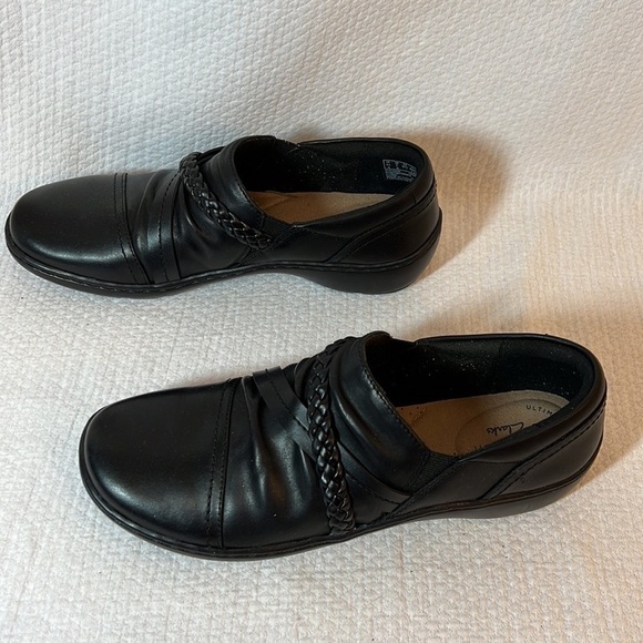 Clarks Black Leather Cora Braid Shoe Slip On Clog Loafer size 7 NARROW - Picture 3 of 9